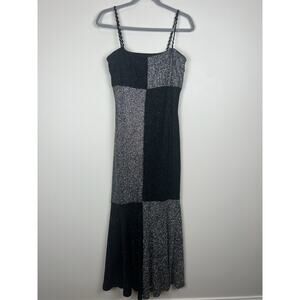 Vintage Jessica McClintock Black Silver Blocks Sparkle Long Dress Flare Sz 12